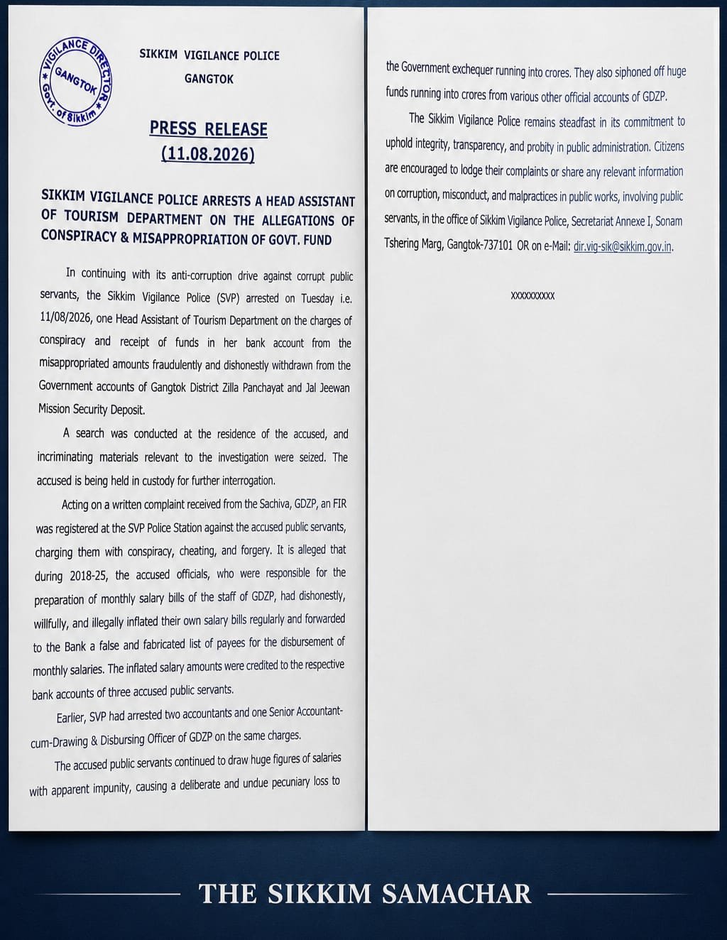 Sikkim Vigilance Police press release on the arrest of a Head Assistant of the Tourism Department in a fund misappropriation case